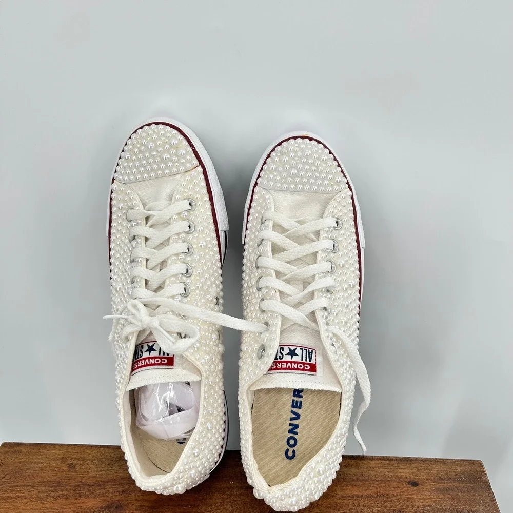 Converse All Star Pearl Embellished Low  Sneakers Ivory Bridal‎ Shoes Womens 8.5